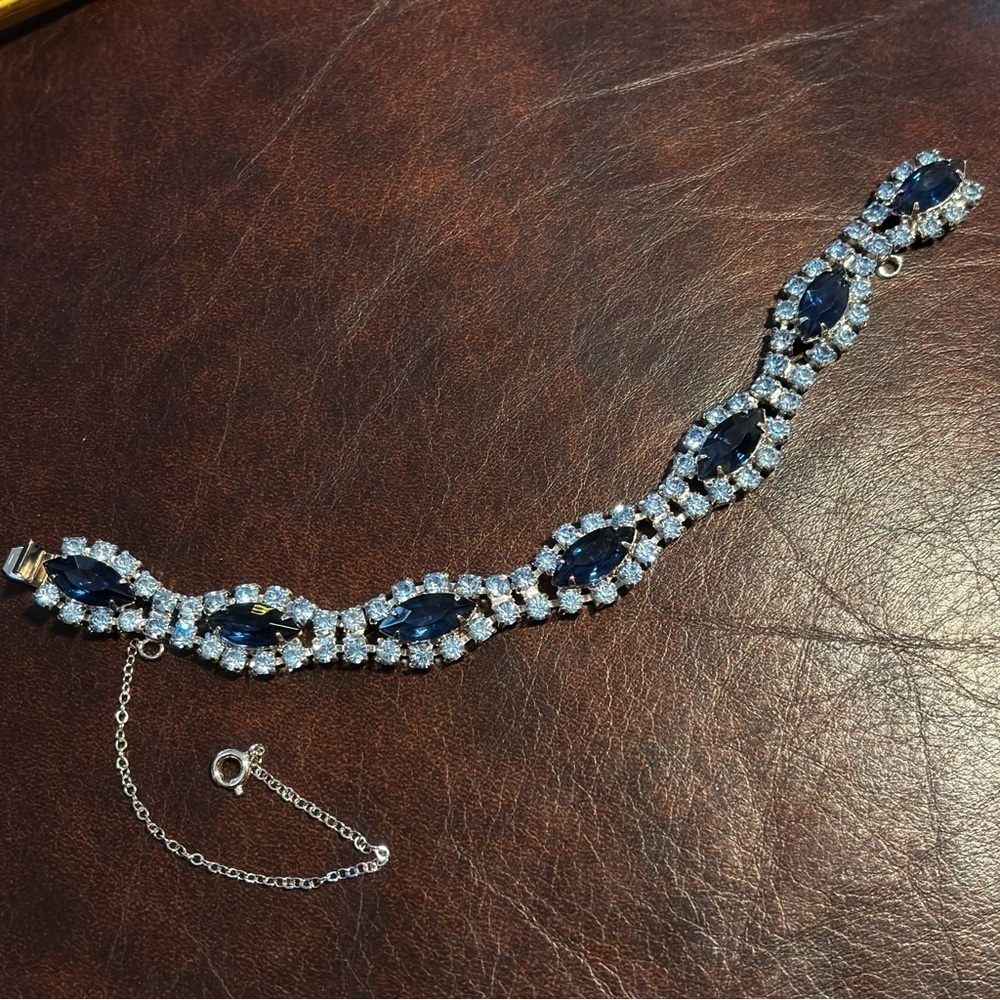 Vintage rhinestone shades of blue, silver tone metal